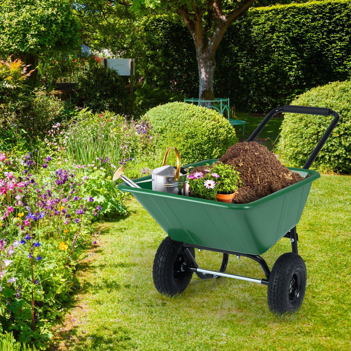 Dual-Wheel Wheelbarrow Garden Utility Cart with Pneumatic Tires-Green view 4