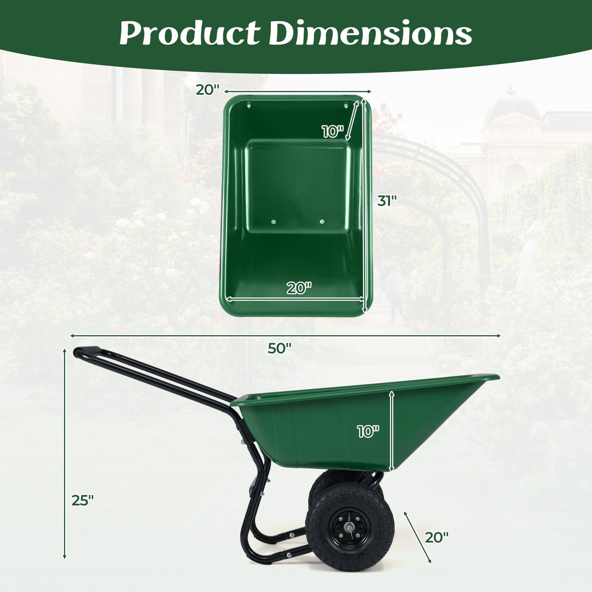 Dual-Wheel Wheelbarrow Garden Utility Cart with Pneumatic Tires-Green view 5