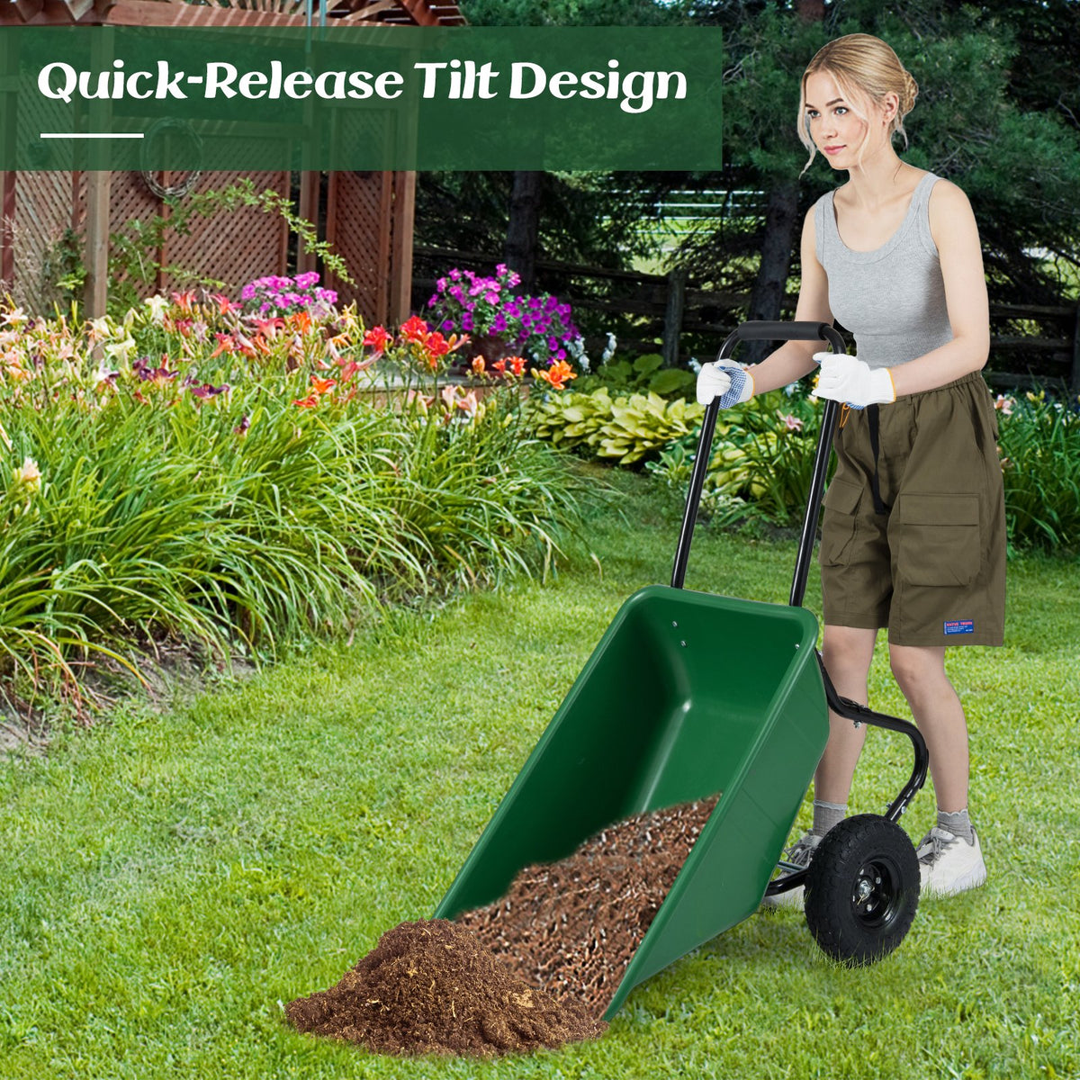 Dual-Wheel Wheelbarrow Garden Utility Cart with Pneumatic Tires-Green view 6