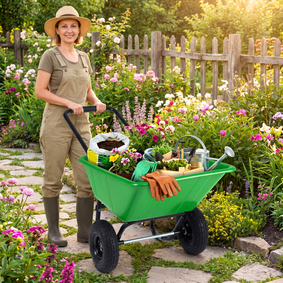 Dual-Wheel Wheelbarrow Garden Utility Cart with Pneumatic Tires-Light Green view 2