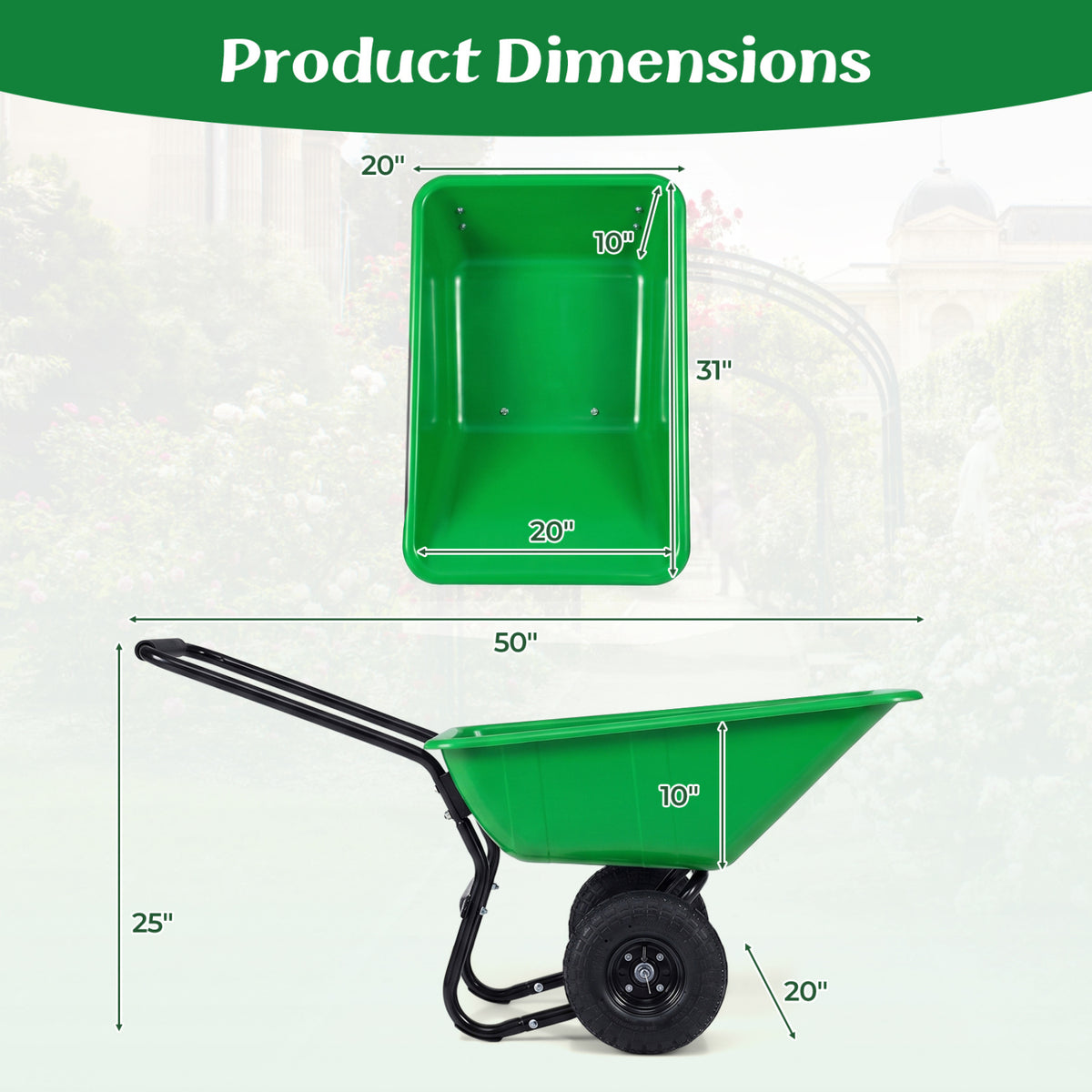 Dual-Wheel Wheelbarrow Garden Utility Cart with Pneumatic Tires-Light Green view 4
