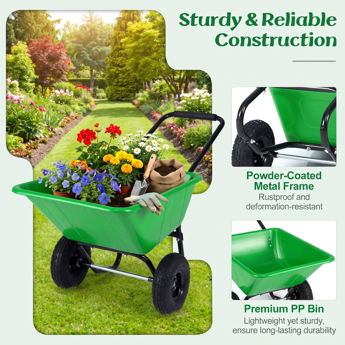 Dual-Wheel Wheelbarrow Garden Utility Cart with Pneumatic Tires-Light Green view 5