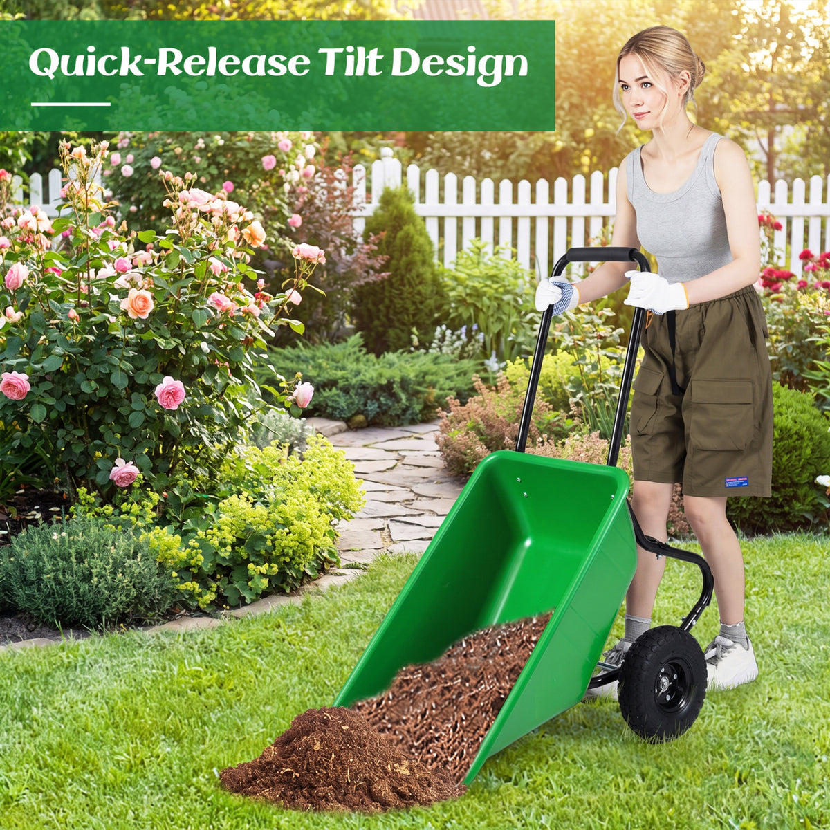 Dual-Wheel Wheelbarrow Garden Utility Cart with Pneumatic Tires-Light Green view 6