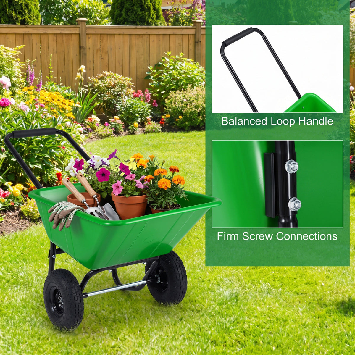 Dual-Wheel Wheelbarrow Garden Utility Cart with Pneumatic Tires-Light Green view 9