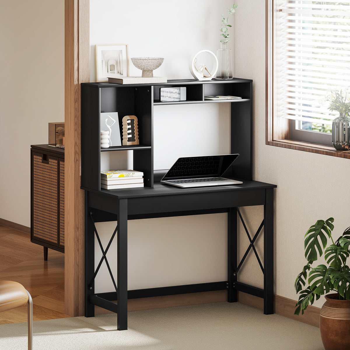 Computer Desk with Hutch, Home Office Table with Storage Shelves and Open Compartments for Writing, Work – view 21