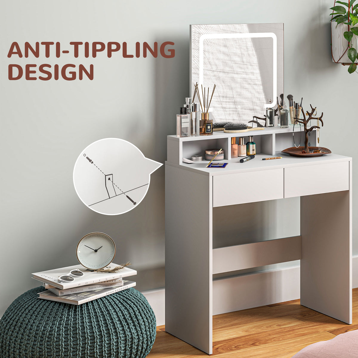 Makeup Vanity Desk with Mirror and LED Lights, for Bedroom, Modern Dressing Table with Drawers, Compartments, White