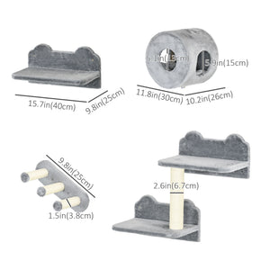 4 PCs 9.3" H Cat Wall Shelves, Pet Wall-mounted Climbing Shelf Set, Kitten Activity Centre with Condo, Cushion, Scratching Post, Jumping Platform, Grey