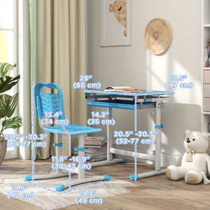 Qaba Height Adjustable Study Table and Chair Set with Drawer, Pen Slot, Tiltable Desktop, Hook