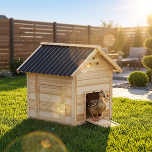 Duck Coop, Wooden Duck House with Openable Roof & Double Doors, Natural Wood