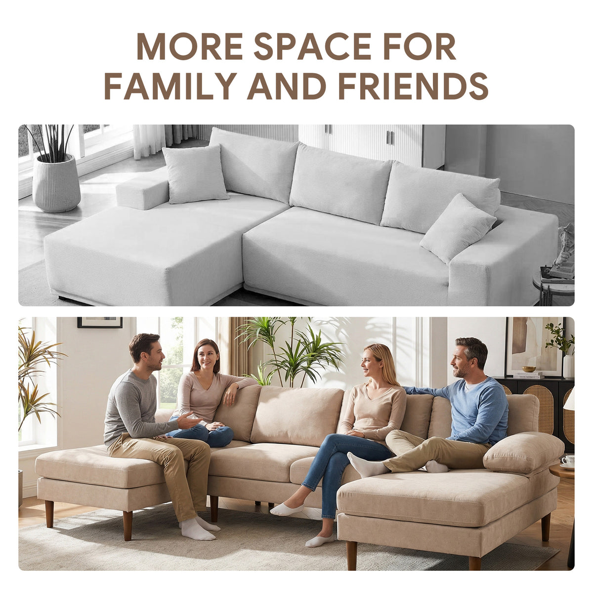U Shape Couch with Double Chaise Lounge, Modern 4 Seater Sofa with Wooden Legs, Fabric Sofa for Living Room, Beige