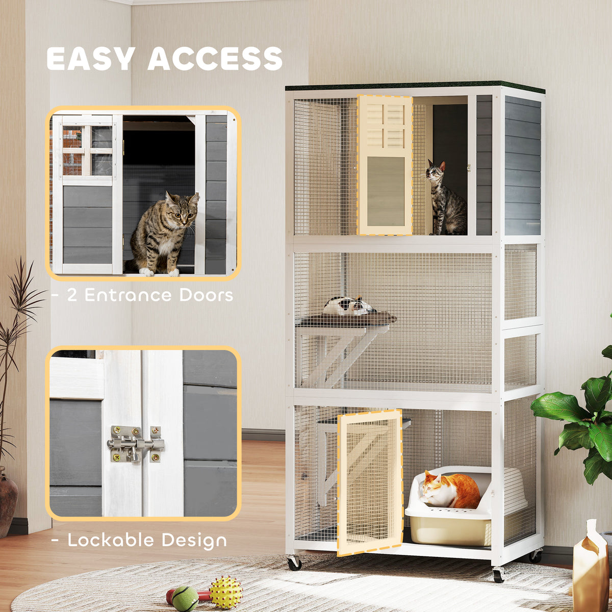 74" Wooden Outdoor Cat House Weatherproof & Wheeled with High Weight Capacity, Kitten Cage Condo, White
