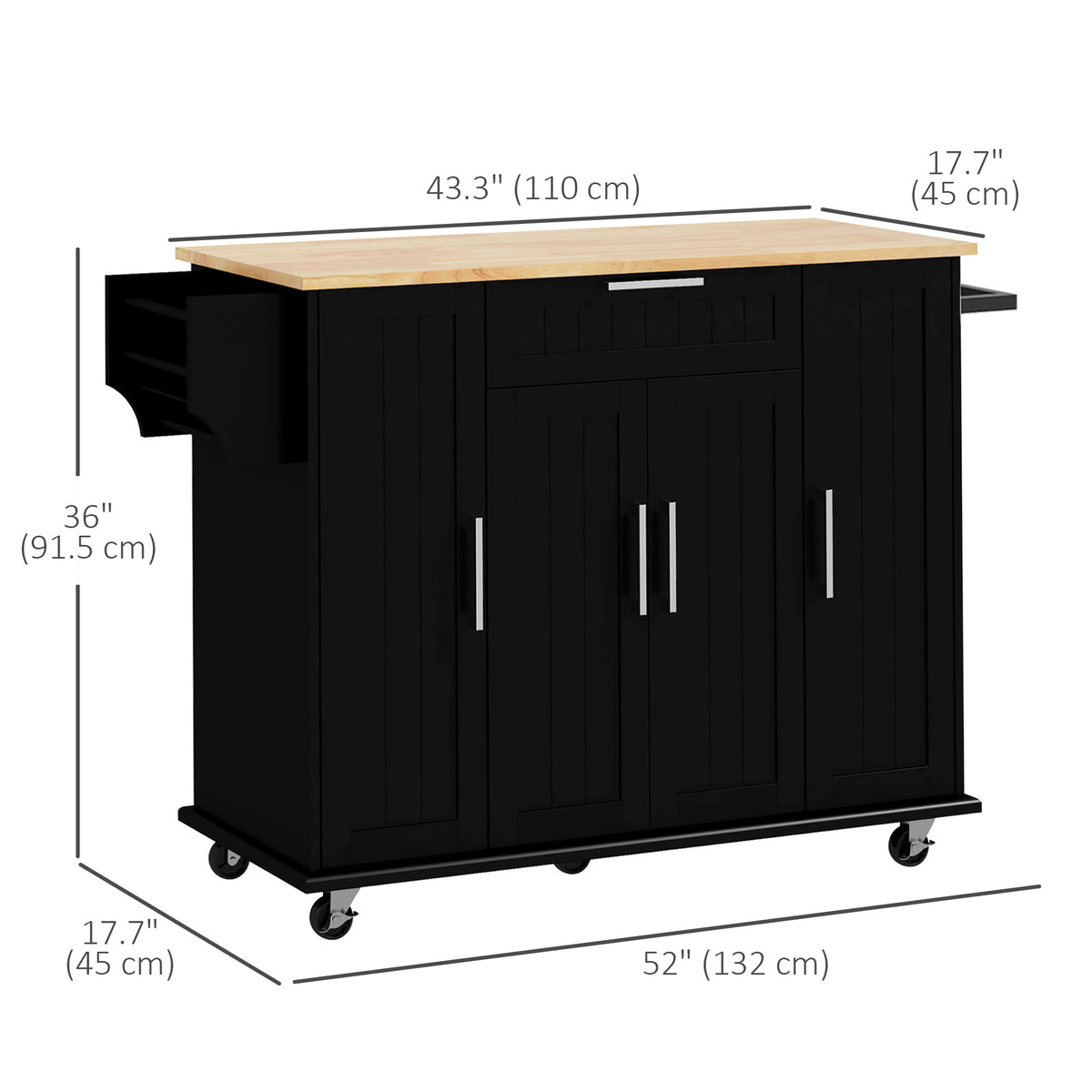 Modern Rolling Kitchen Island Cart with Drawers, Natural Wood Top, Towel Rack, Door Storage Cabinet, Black – view 2