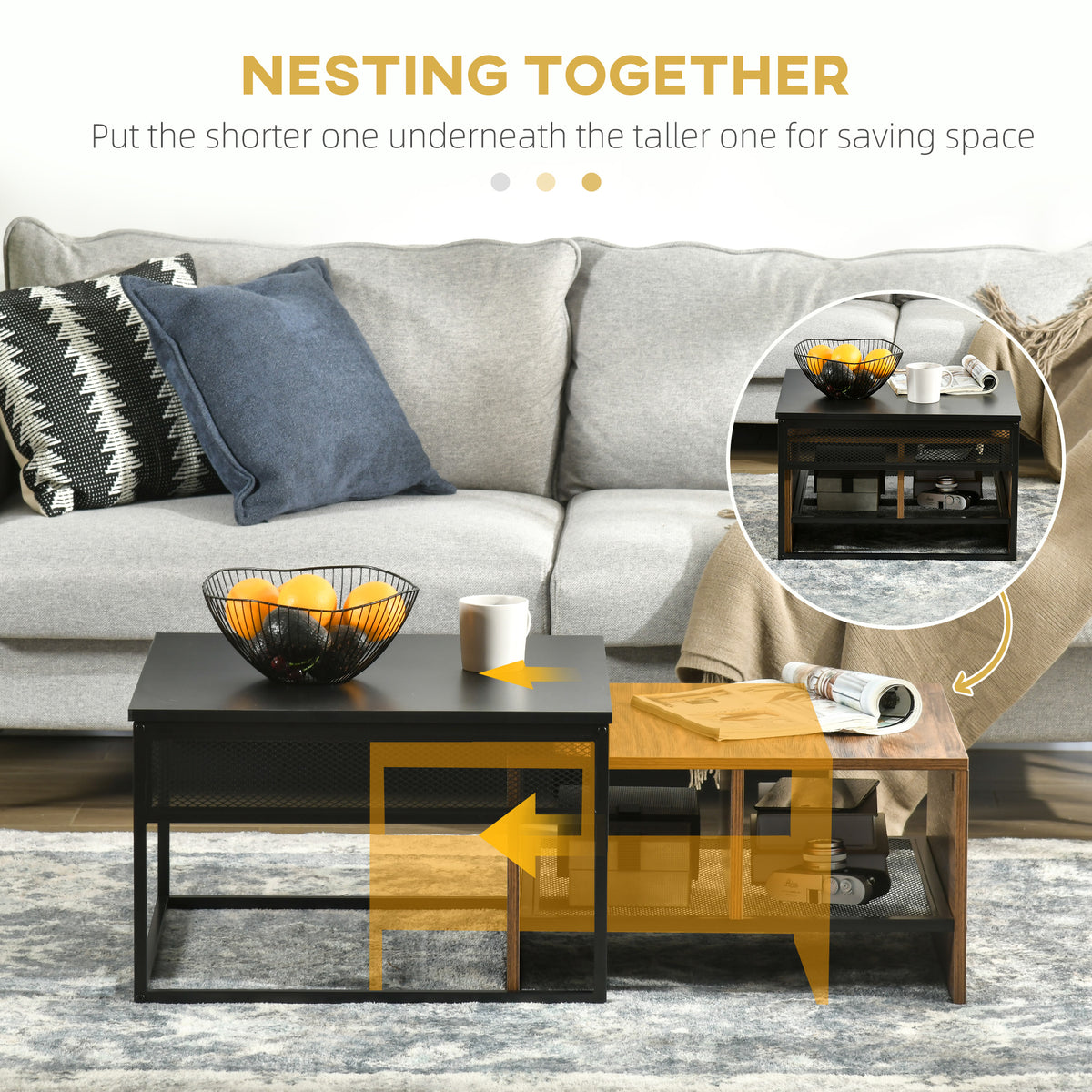 Coffee Table Set of 2, Industrial Nesting Tables, Square Coffee Table and Narrow Sofa Side Table for Living Room