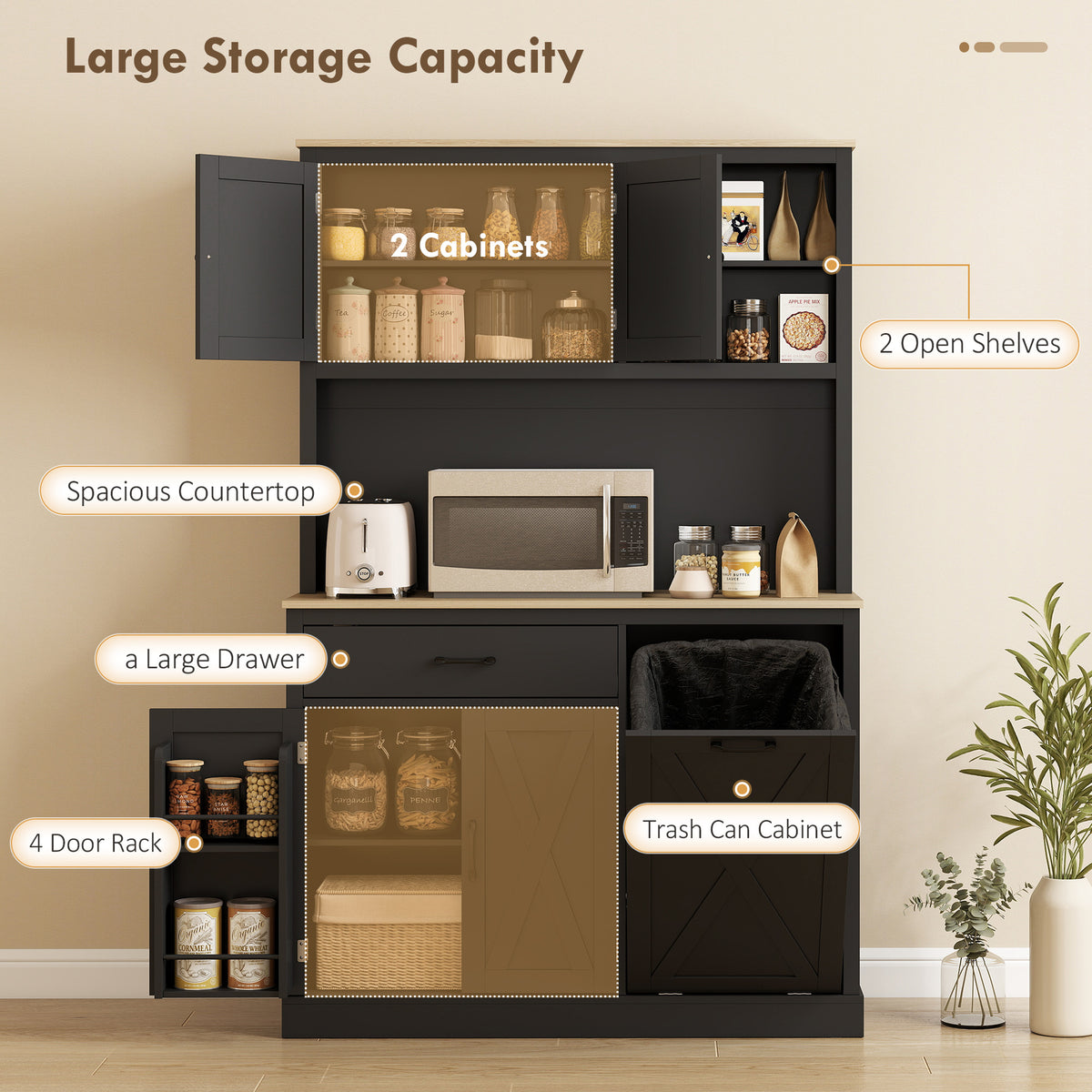 69" Pantry Cabinet with Charging Station, Kitchen Cabinet with Microwave Stand, Tilt-Out Trash Can Cabinet – view 3