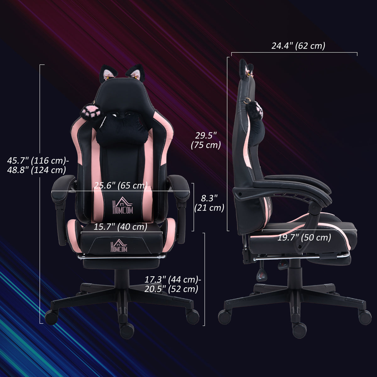 Cute Racing Gamer Chair, Faux Leather Gaming Chair with Footrest, Headrest and Lumbar Support, Black – view 2