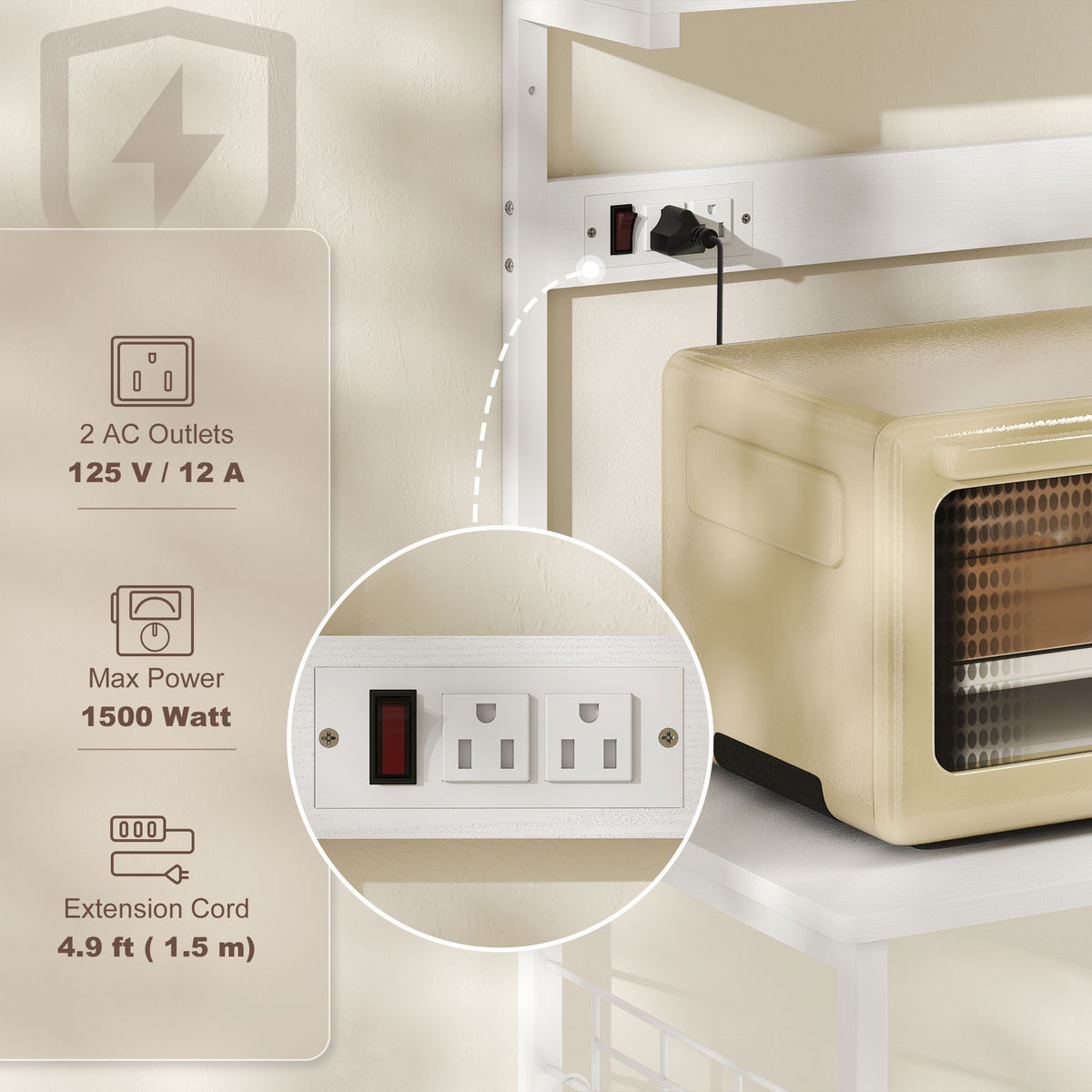 Kitchen Baker's Rack with Power Outlet, Coffee Bar Station with Adjustable Shelves and Hooks – view 45
