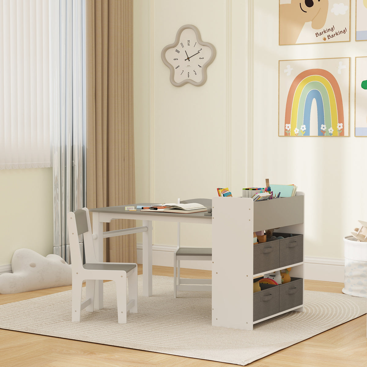 Qaba Kids Table and Chairs Set, Toddler Art Table and Chair Set with Paper Roll, Storage Shelves and Drawers, Grey