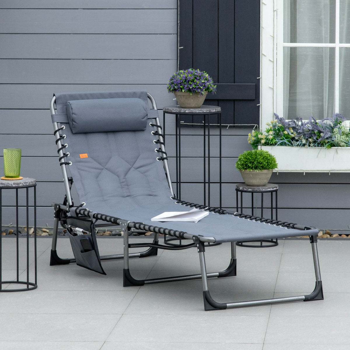 Outdoor Lounge Chair, Folding Chaise Lounge, Patio Padded Tanning Chair with 5-position Adjustable – view 14