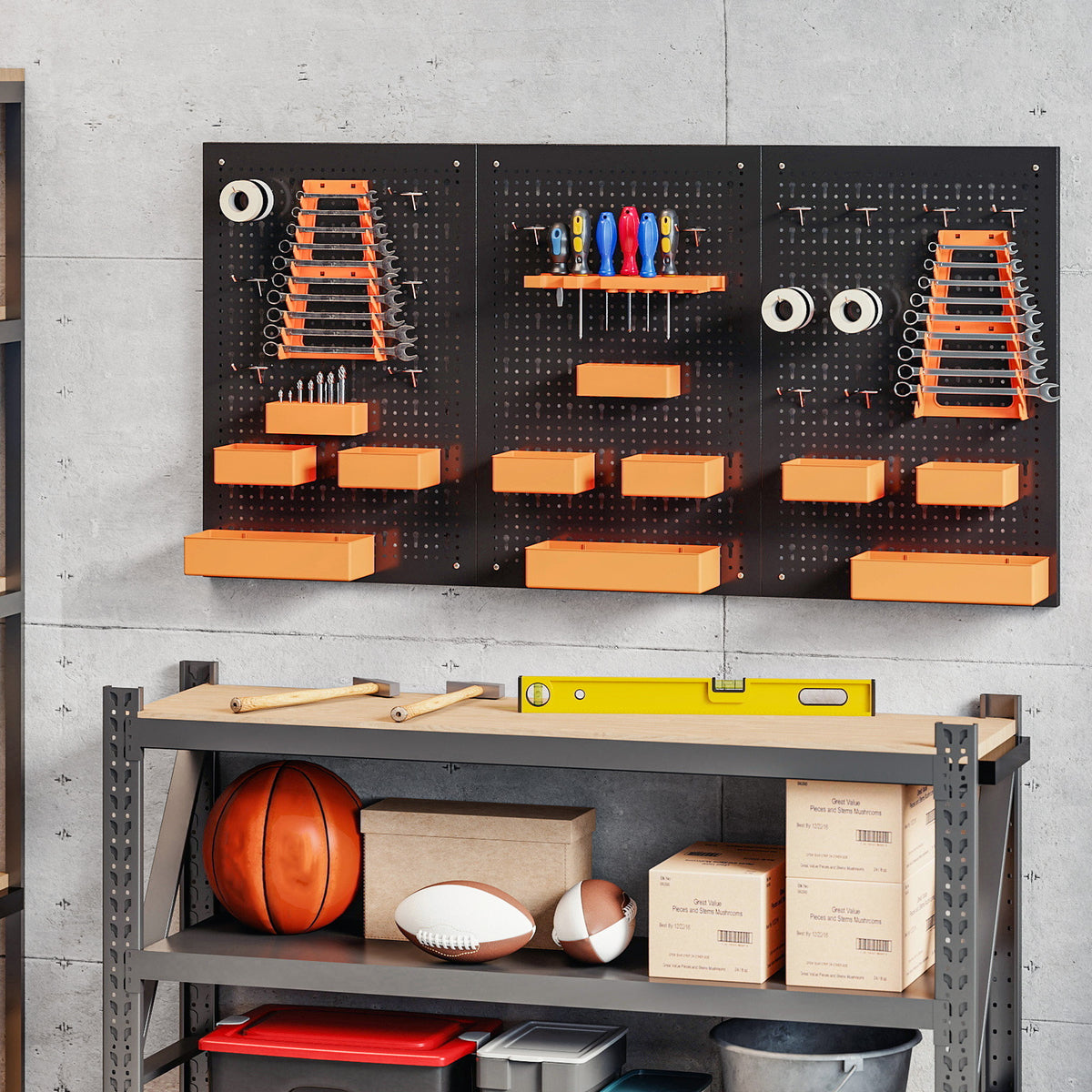 33 Piece Metal Pegboard Panels, Peg Board with 16 Hooks, Bins and Racks, Black and Orange