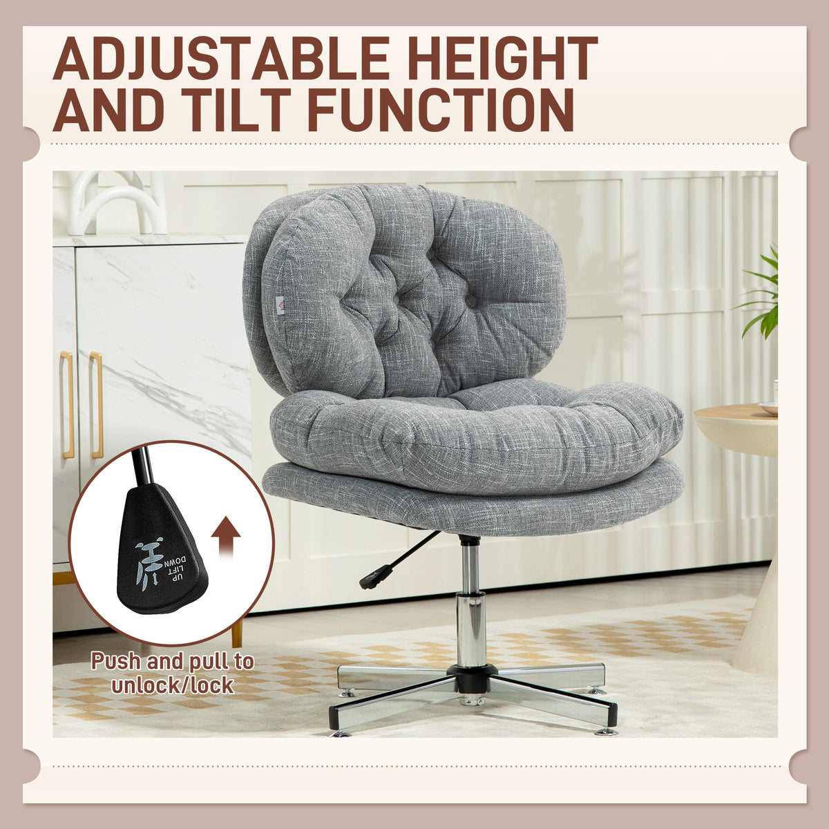 Computer Desk Chair, Armless Office Chair with Wide Padded Seat and Adjustable Height, Cream White – view 11