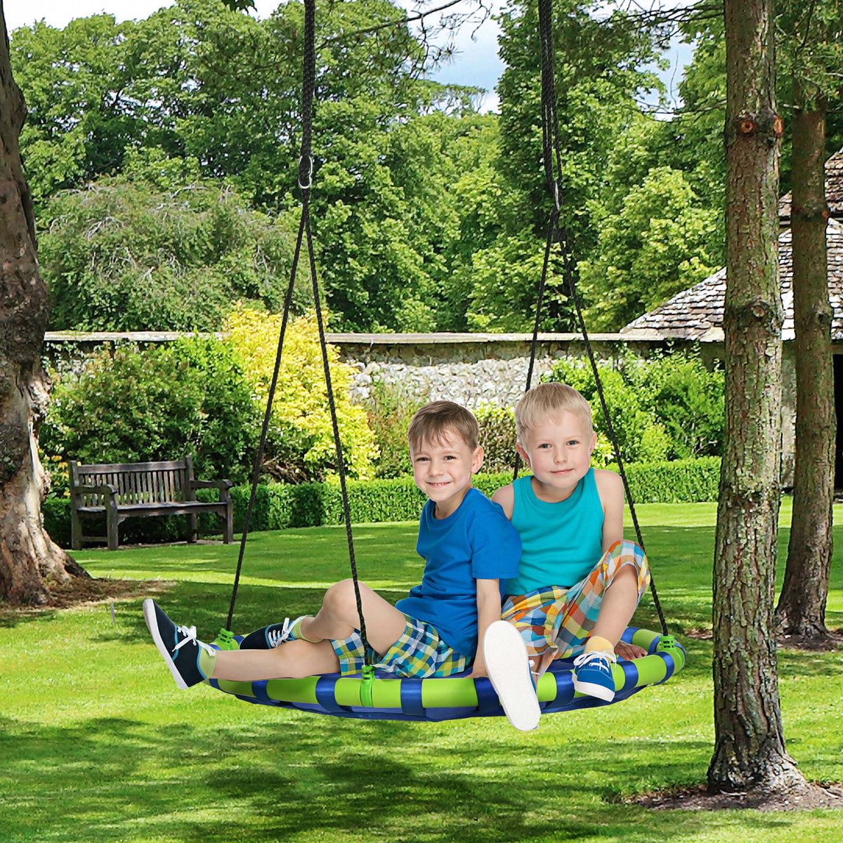 40 Inch Saucer Tree Swing Set for Kids with Adjustable Hanging Ropes, Steel Frame for Kids, 330lbs Capacity, Blue