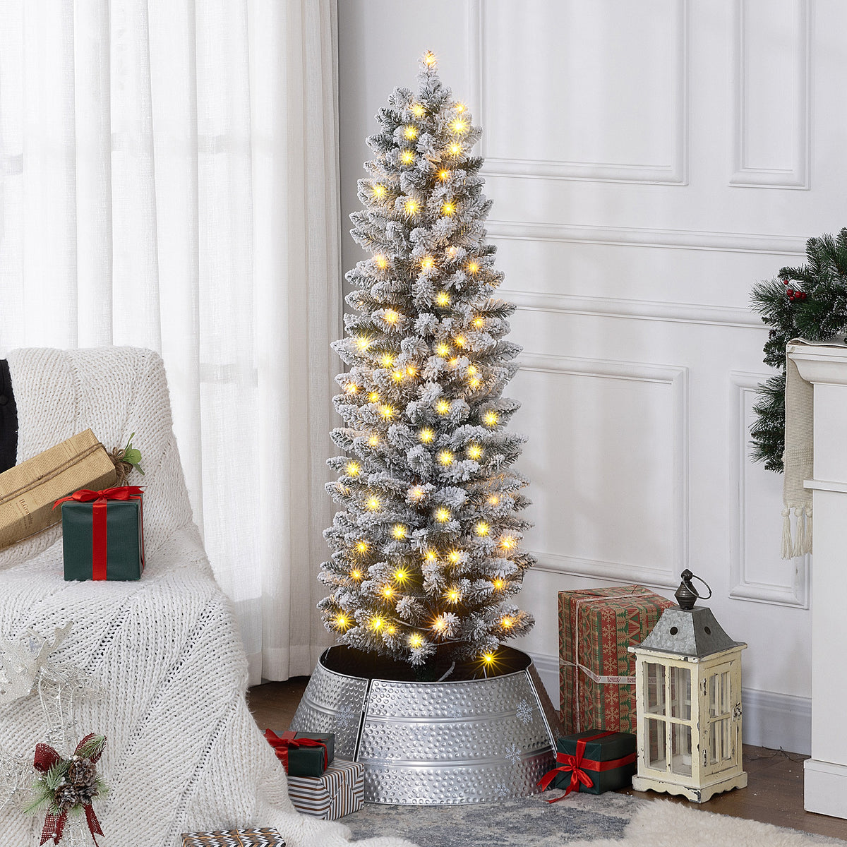 5ft Artificial Prelit Christmas Tree with Warm White LED Light, Snow Flocked Branches, Metal Base, Pencil Xmas Tree