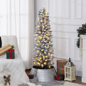 5ft Artificial Prelit Christmas Tree with Warm White LED Light, Snow Flocked Branches, Metal Base, Pencil Xmas Tree