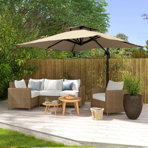 10ft Square Cantilever Patio Umbrella, 360° Rotating Overhanging Umbrella with Cross Base, Crank Handle, Khaki
