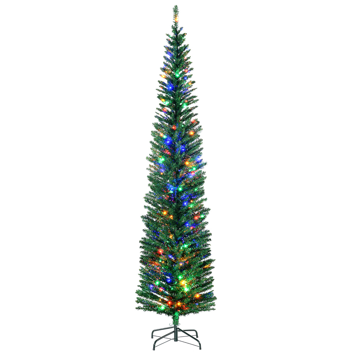 7.5' Artificial Pencil Christmas Trees Holiday Decoration with Colourful LED Lights, Steel Base, Skinny Shape