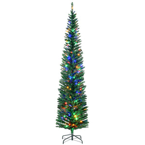 7.5' Artificial Pencil Christmas Trees Holiday Decoration with Colourful LED Lights, Steel Base, Skinny Shape