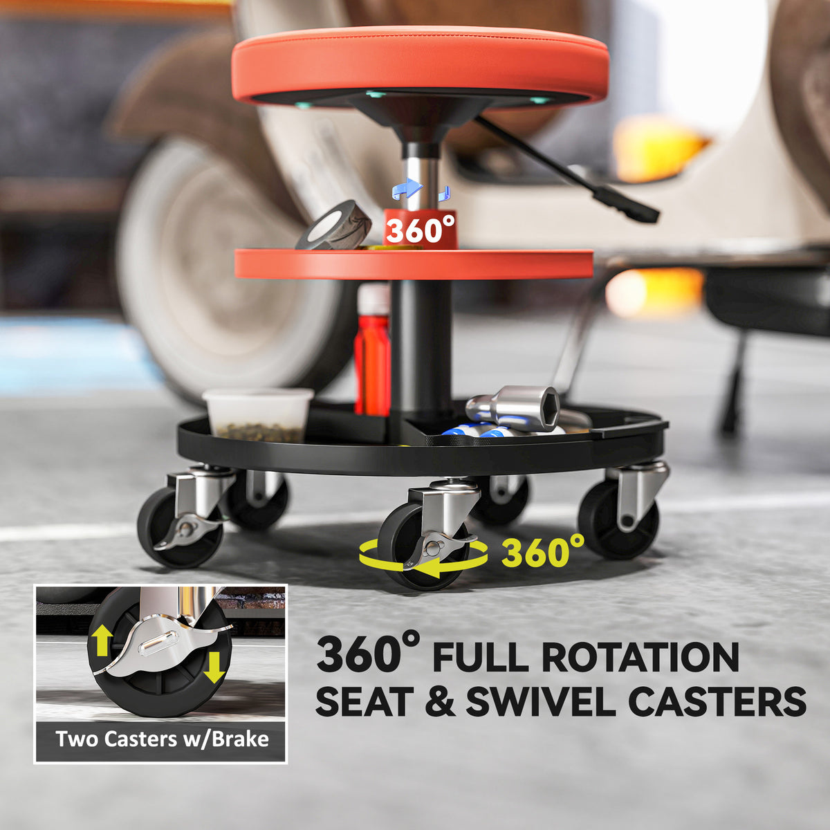 Rolling Garage Stool, 300 LBS Capacity Mechanic Stool with 2.5" Wheels, Tool Trays Storage – view 13