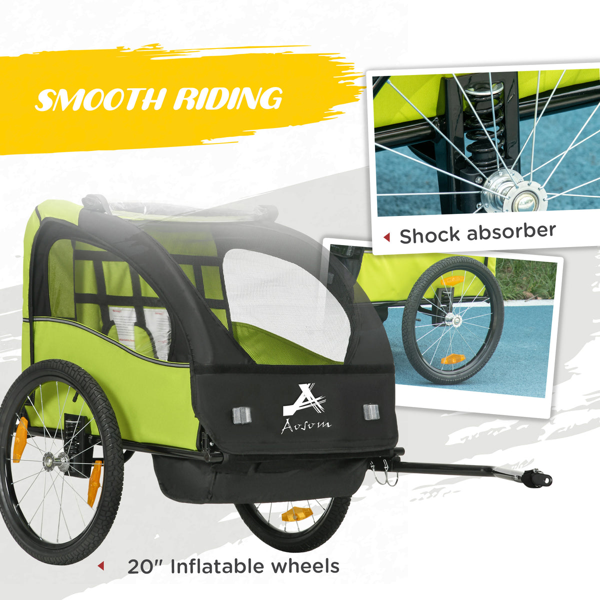 Aosom 2 Seat Bike Trailer for Kids, Baby Stroller with Storage Bag, 5 Point Harness, Bicycle Trailer with 20" Wheels