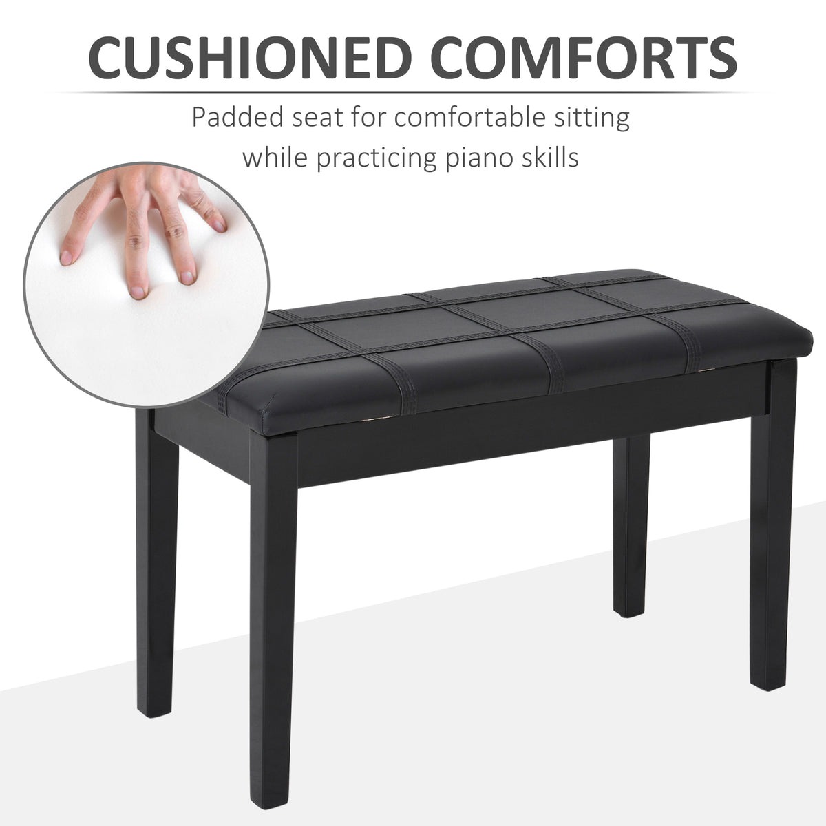 Classic Piano Bench Stool, PU Leather Padded Keyboard Seat with Rubber Wood Legs and Music Storage Compartment, Banded Seat, Black