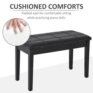 Classic Piano Bench Stool, PU Leather Padded Keyboard Seat with Rubber Wood Legs and Music Storage Compartment, Banded Seat, Black