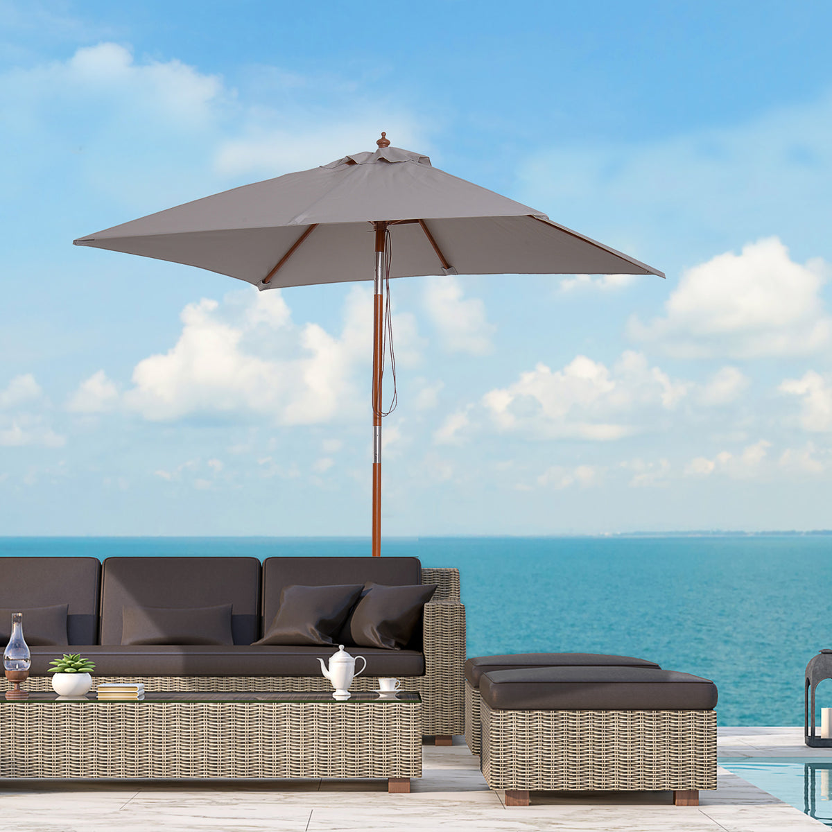 6.6x5ft Square Market Parasol, Wooden Patio Umbrella with Tilt Mechanism and 6 Bamboo Ribs – view 21