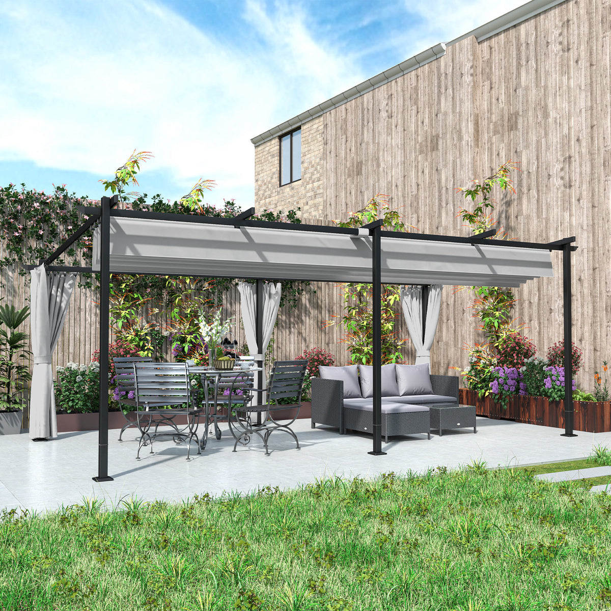 8' x 8.5' Metal Retractable Pergola Canopy with Sidewalls, Outdoor Gazebo UPF30+ Sun Shade Shelter for Garden, Deck