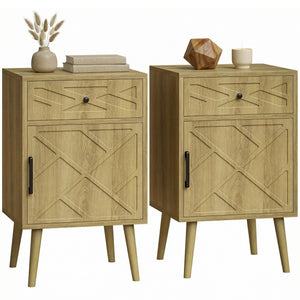 Nightstand Set of 2, Bedside Table Set with Drawer and Cabinet, Side End Table with Storage for Living Room, Oak