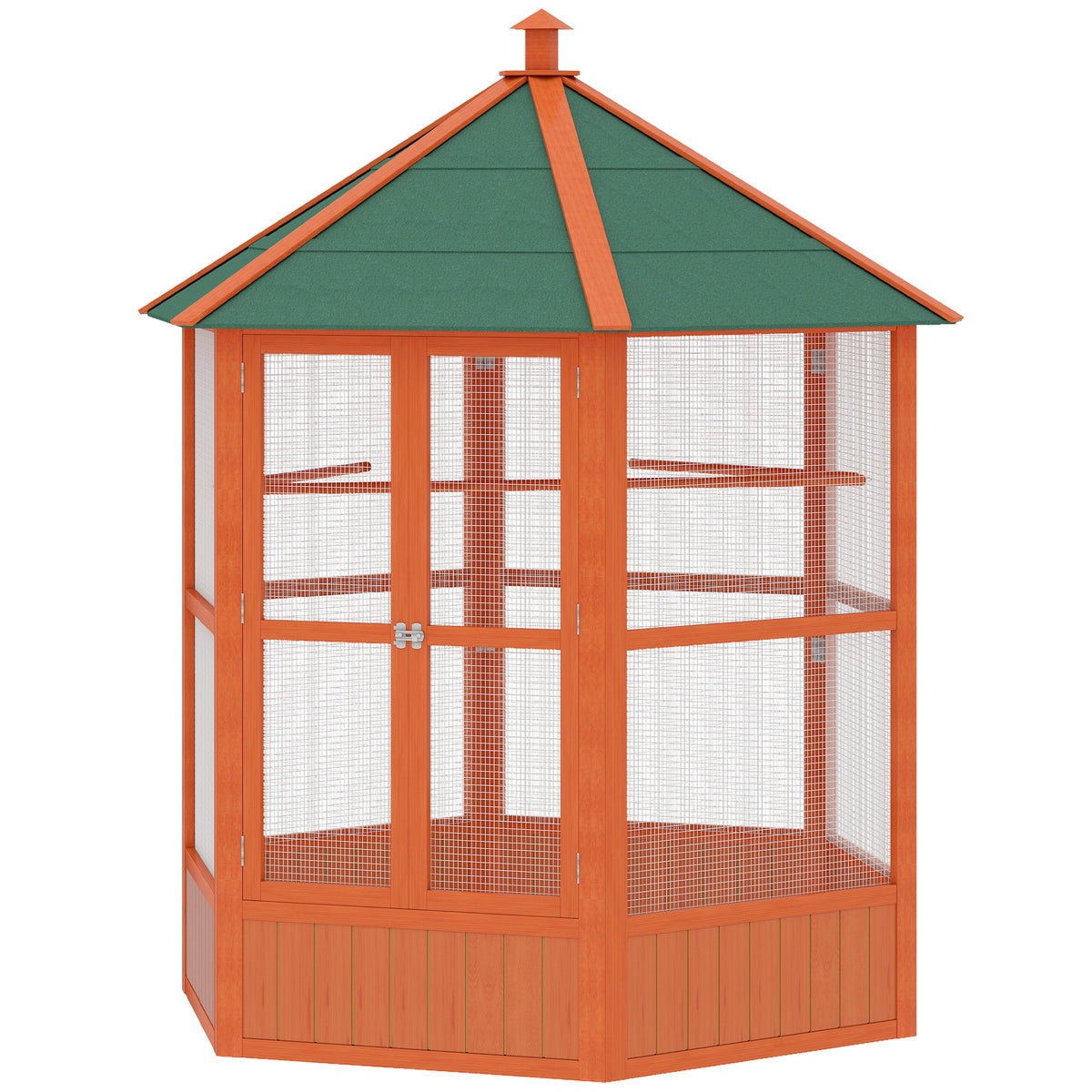 70"H Wooden Bird Cage Hexagonal Outdoor Aviary with Doors