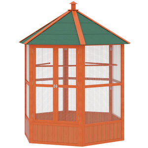 70"H Wooden Bird Cage Hexagonal Outdoor Aviary with Doors