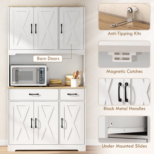 Tall Kitchen Pantry, 6 Doors, 2 Drawers, Adjustable Shelves & Worktop, Rustic Storage Cabinet for Living Room White