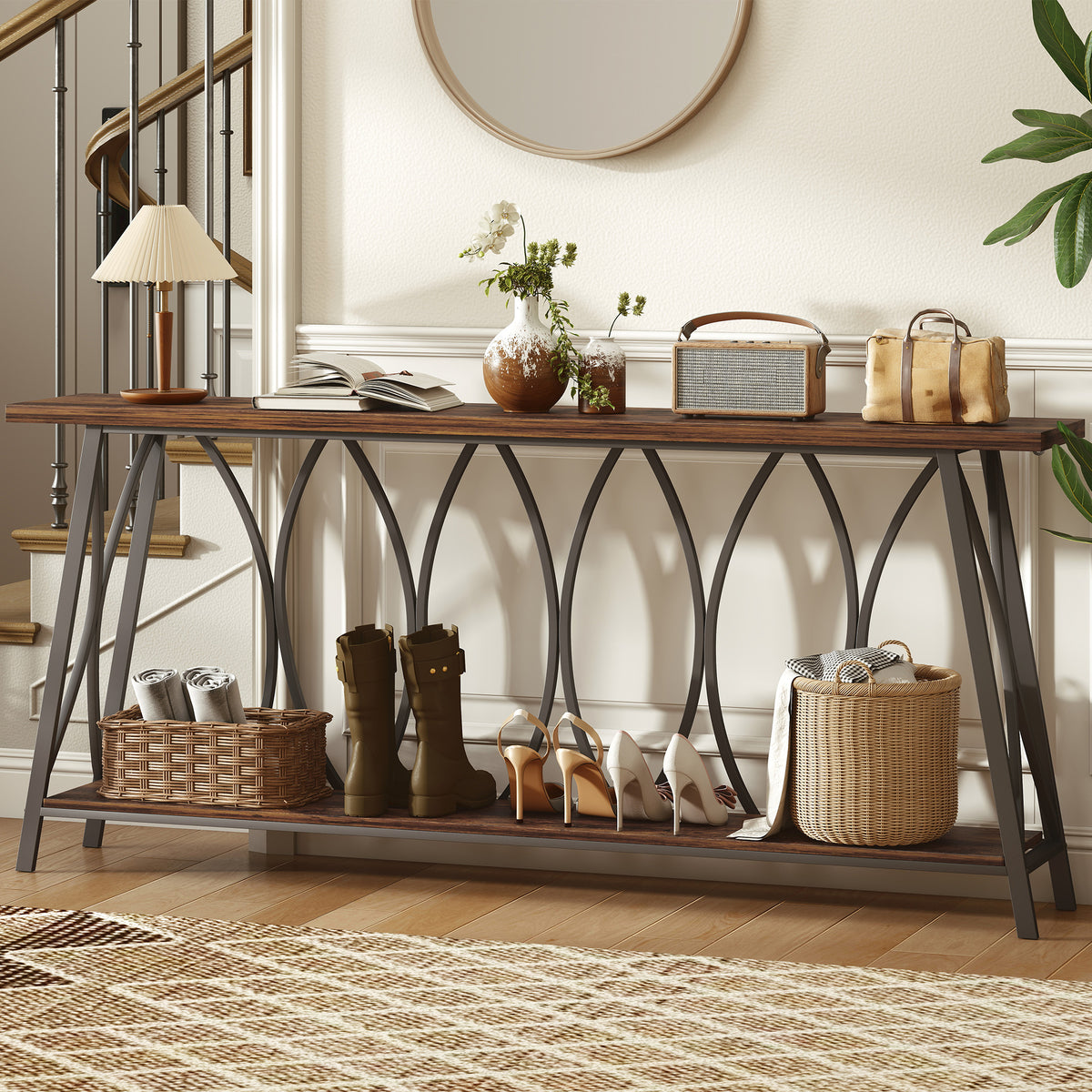 71" Console Table, Industrial 2-Tier Narrow Entryway Table with Metal Frame for Living Room, Hallway, Rustic Brown