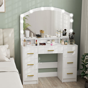 Makeup Vanity with Mirror and 10 LED Lights, 3 Colour Adjustable, Dressing Table with 7 Drawers, 3 Compartments, White