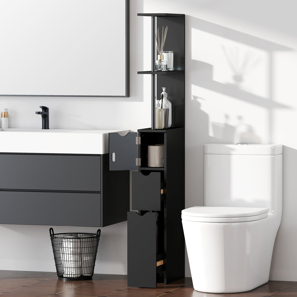 Tall Bathroom Storage Cabinet, Narrow Bathroom Cabinet with Drawers and Open Shelves for Small Spaces – view 15