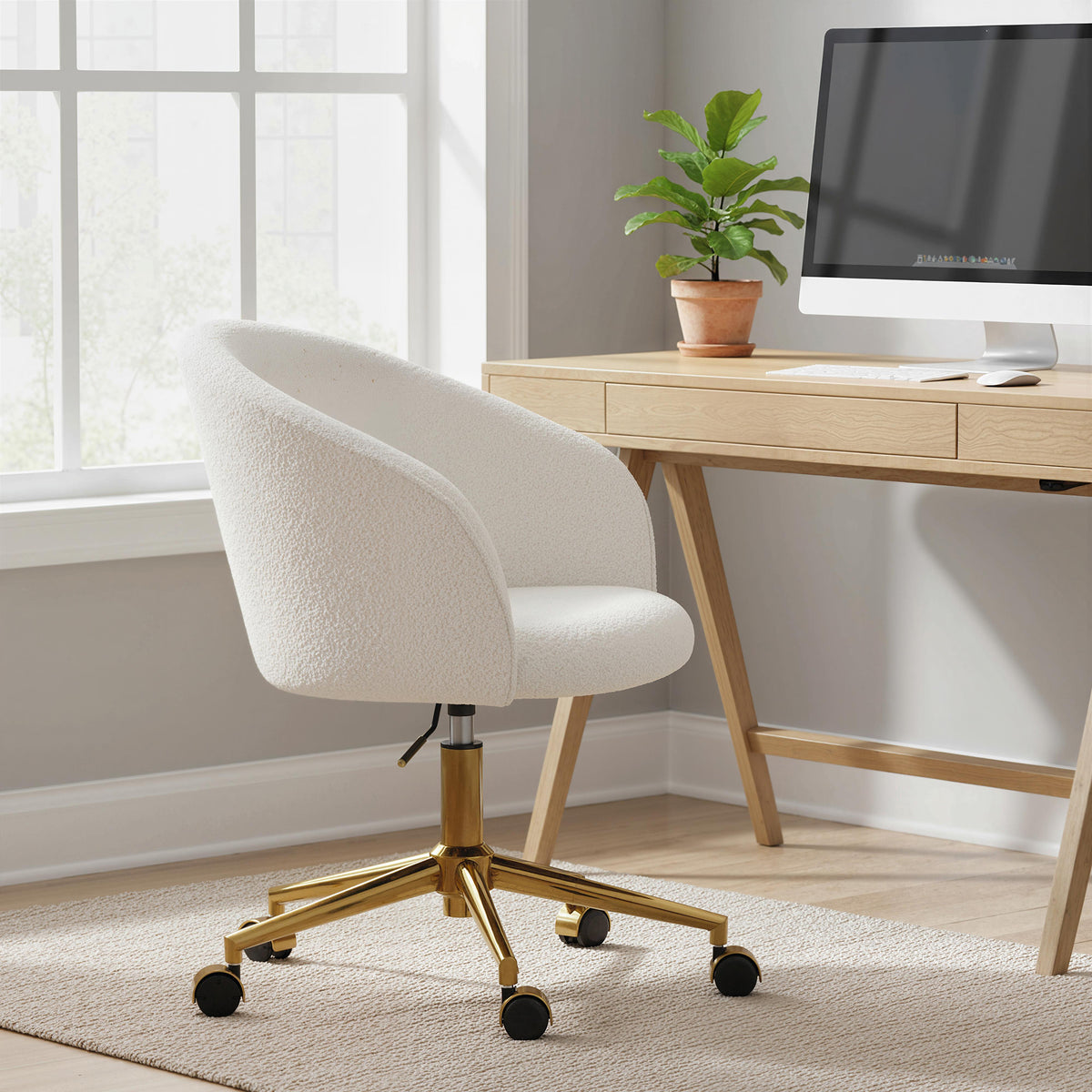 Office Chair, Teddy Fleece Upholstered Vanity Desk Chair, Cream White