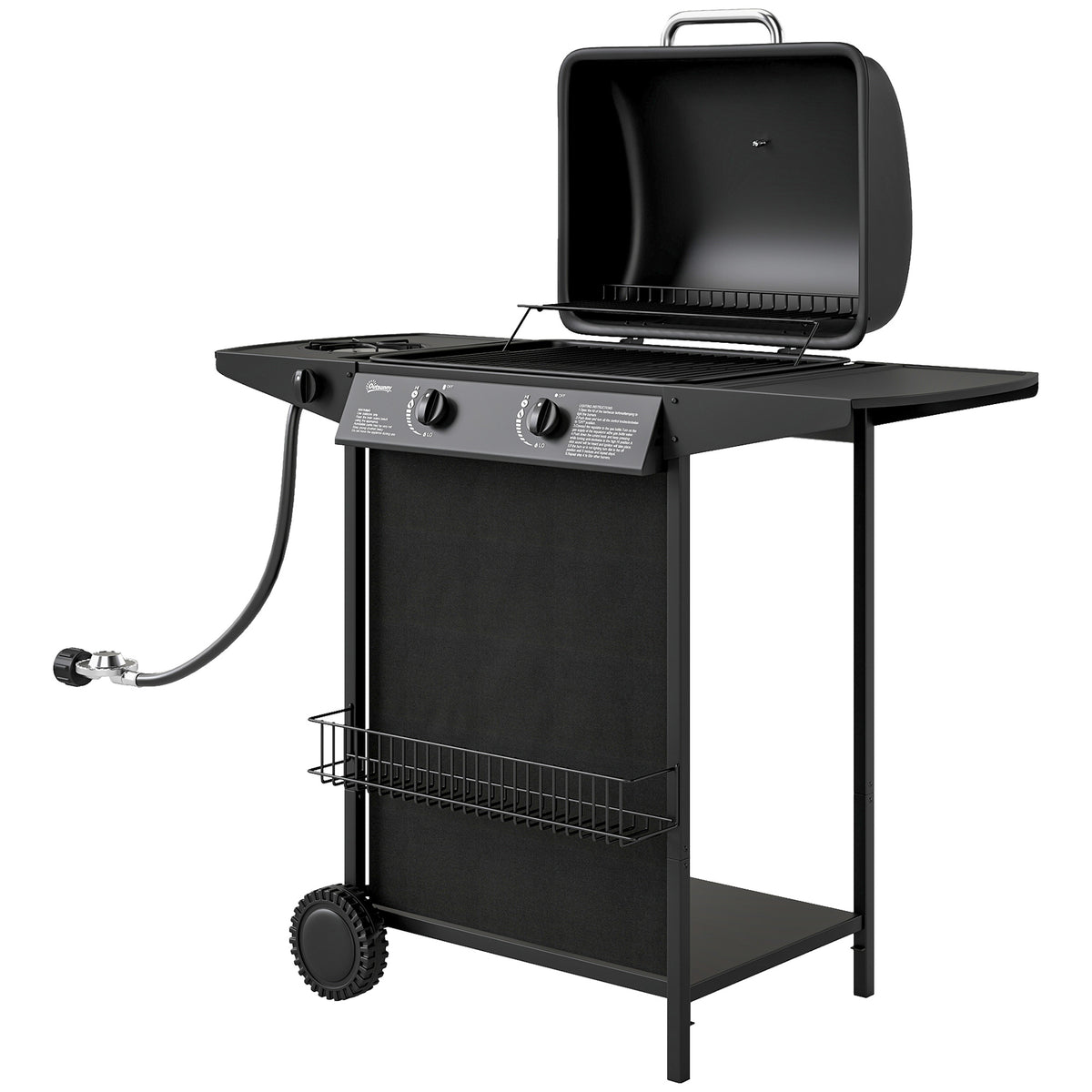 2+1 Burner Propane Gas BBQ Grill, Portable Gas Barbecue Grill with Side Burner, Thermometer, Lid, Side Table, Shelf, Spice Rack, Wheels, Grease Cup for Garden, Black