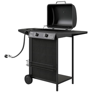 2+1 Burner Propane Gas BBQ Grill, Portable Gas Barbecue Grill with Side Burner, Thermometer, Lid, Side Table, Shelf, Spice Rack, Wheels, Grease Cup for Garden, Black
