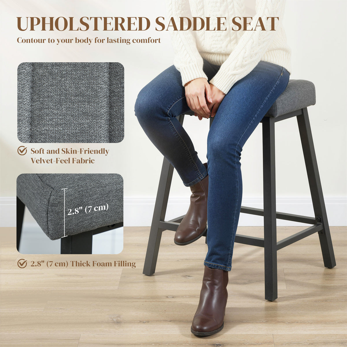 Set of 3 Bar Stools, Velvet Upholstered Counter Stools with Curved Seat and Footrest for Kitchen Island, Grey