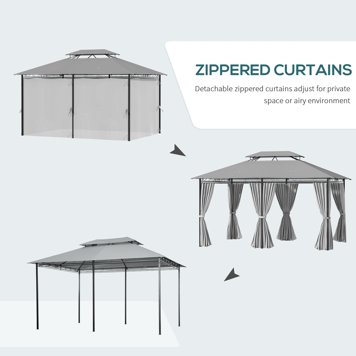10' x 13' Patio Gazebo, Outdoor 2-Tiers Garden Canopy Yard Sunshade Shelter with Curtains, Khaki – view 11