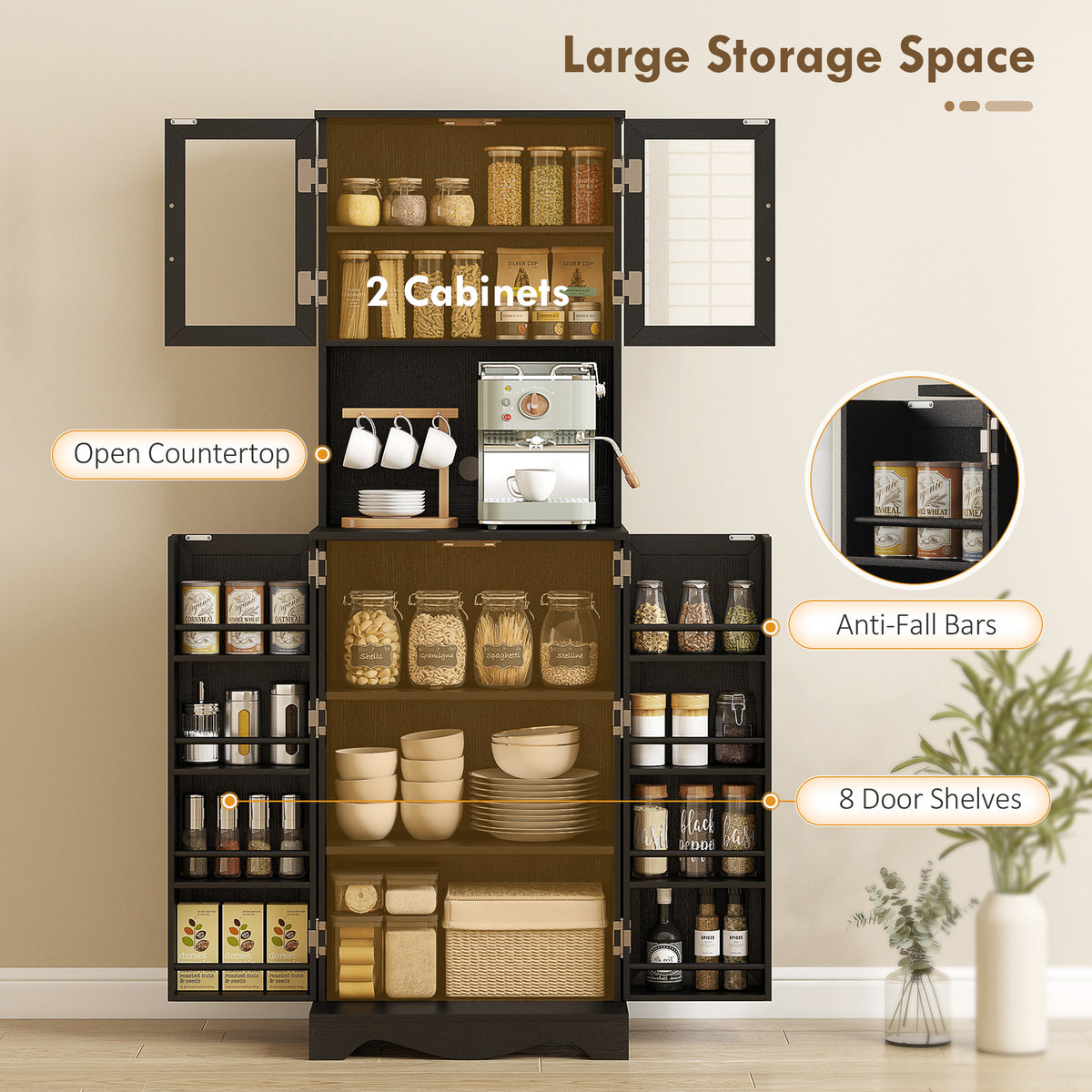 71" Kitchen Pantry Cabinet, Freestanding Kitchen Hutch with 8 Door Shelves – view 3