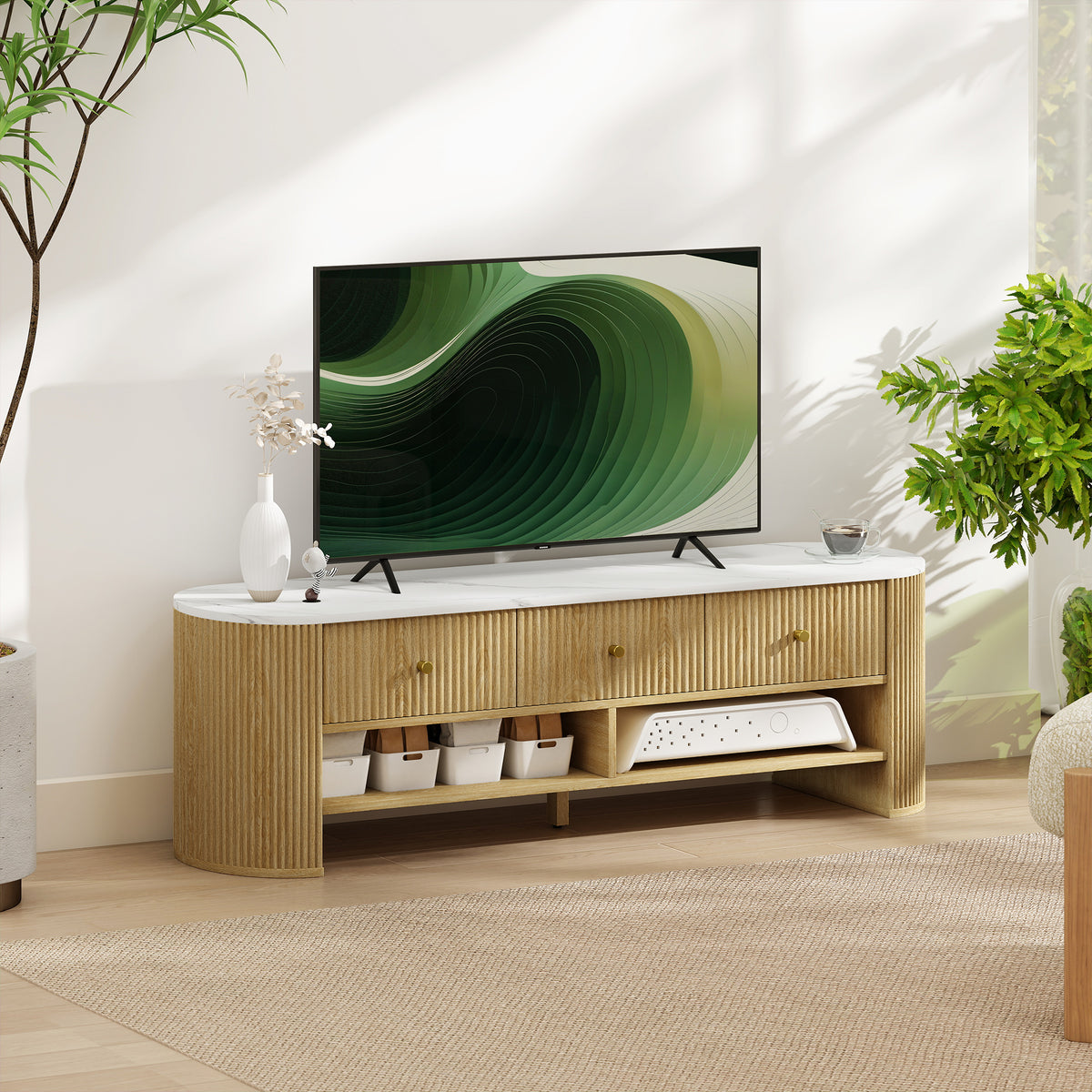 TV Stand, Modern TV Table with Marble-Effect Top, 3 Drawers and 2 Open Shelves for 32-65 Inch Television, Natural